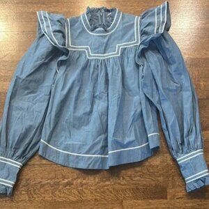 Ulla Johnson Ester Ruffled Cotton-Chambray Blouson Sleeve Blouse Blue size 0